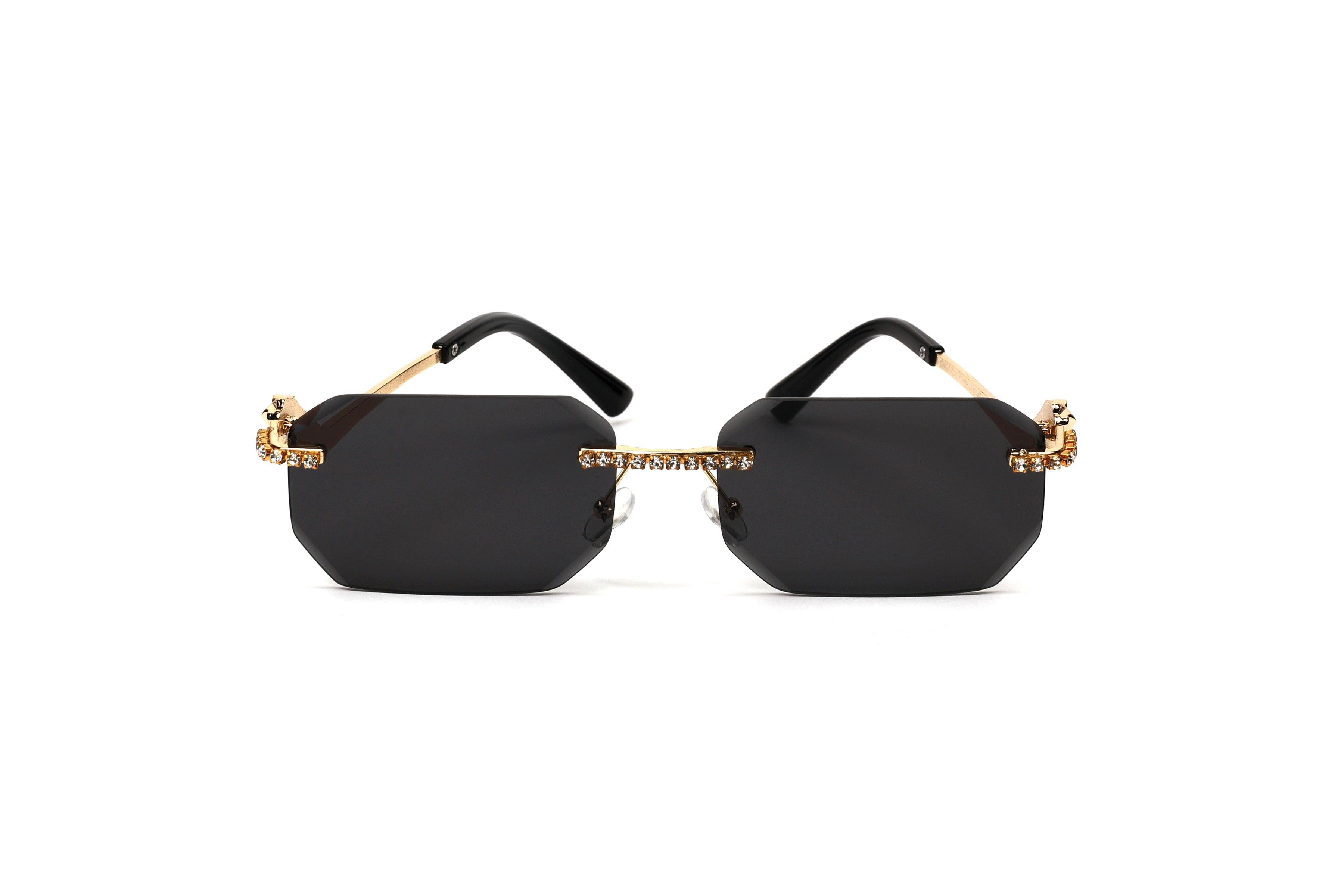 Embellished Rimless Sunglasses with Gold Accents-Black