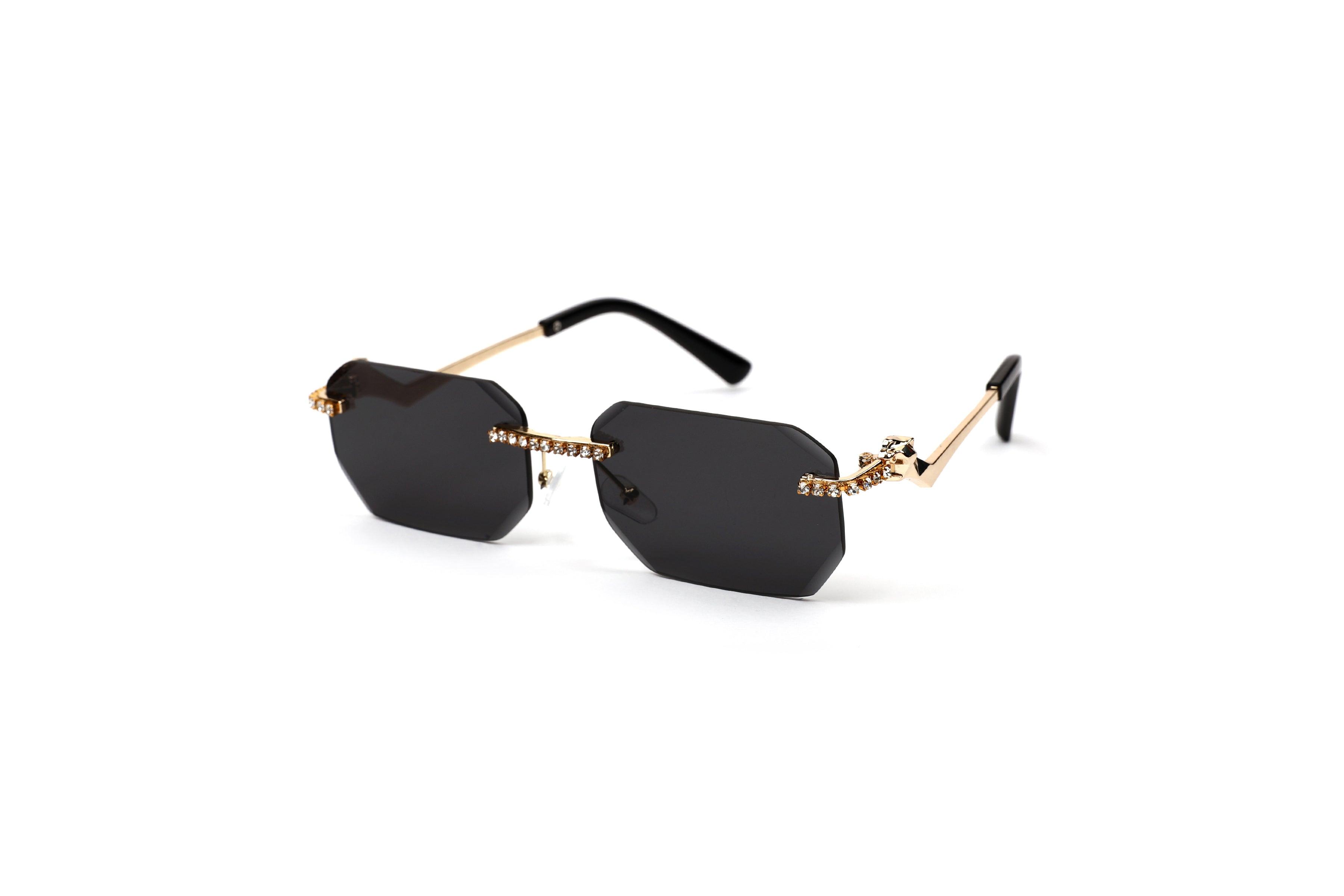 Embellished Rimless Sunglasses with Gold Accents-Black